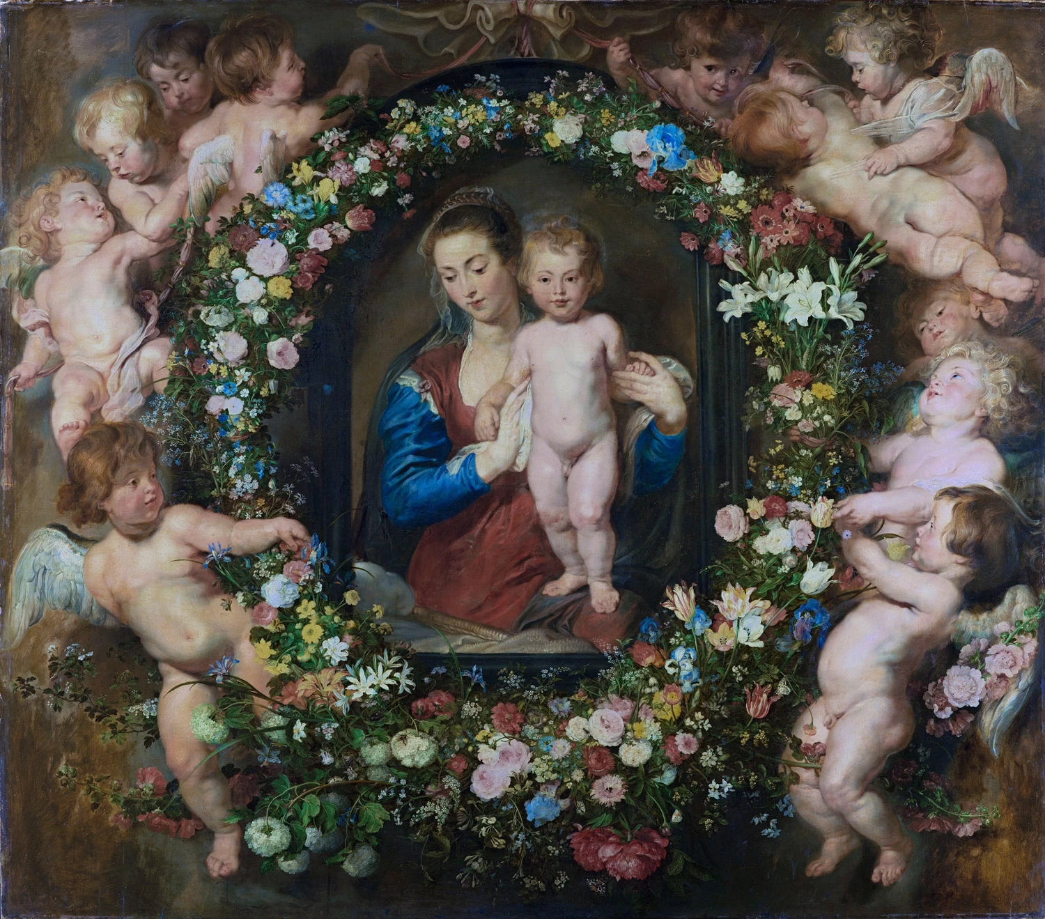 Madonna col Bambino in corona floreale tra angeli - Bavarian State Painting Collections